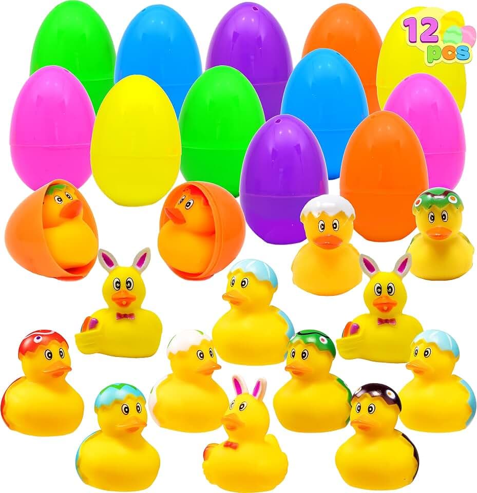 JOYIN 12 Stück gefüllte Ostereier mit Gummiente, Bunte Ostereier mit verschiedenen gelben Enten zum Spaß, Ostern Eier für Ostern Partyzubehör, Osterkorb Füllstoffe, Osternest