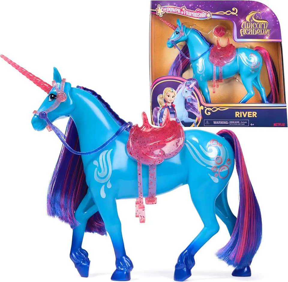 Unicorn Academy Einhorn River - 28 cm groß, Original-Einhorn von Isabel zur Netflix-Serie, mit echter Mähne und Schweif, abnehmbarem Zaumzeug und Sattel sowie Bürste, für Kinder ab 4 Jahren