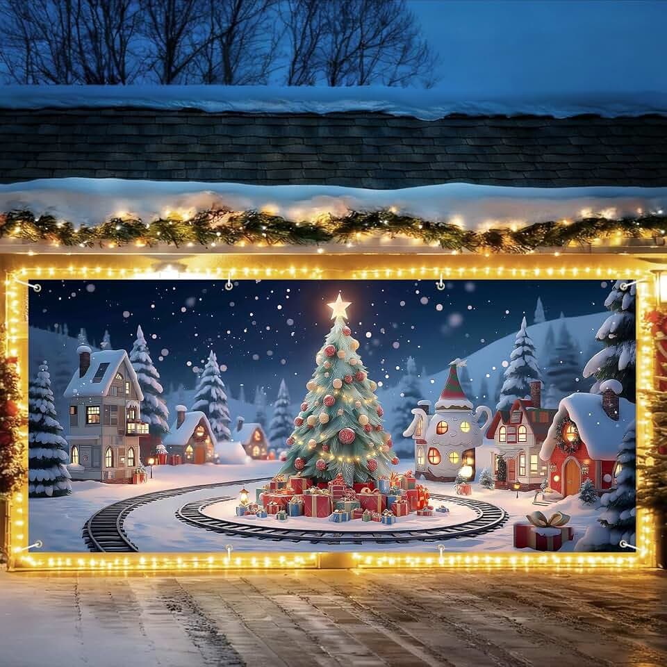 Christmas Garage Door Banner for Outdoor Decorations – Cartoon Christmas Tree with Gifts, Snow Village Background, Holiday Winter Wonderland Scene – Large Garage Mural Cover for Home Xmas Decor