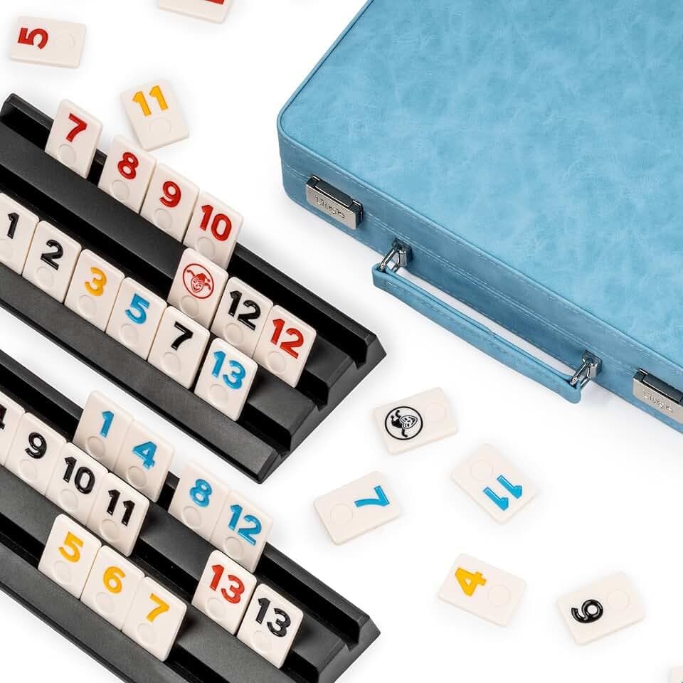Rummy Game Set, 2-4 Players with 106 Rummy Tiles and 4 Racks, Rummy Travel Game Set with Faux Leather Case, Fun Family Classic Board Games (Blue)