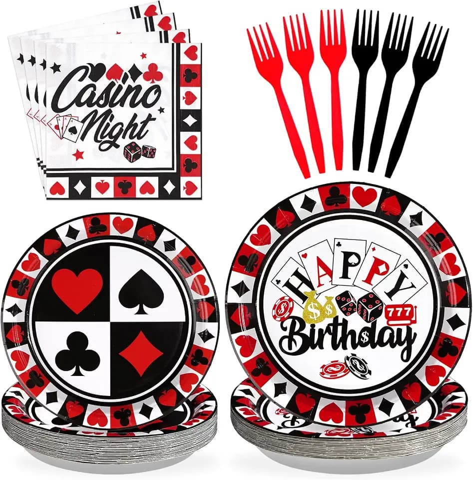 Grencian 96Pcs Casino Party Decorations Poker Plates and Napkins, Serves 24