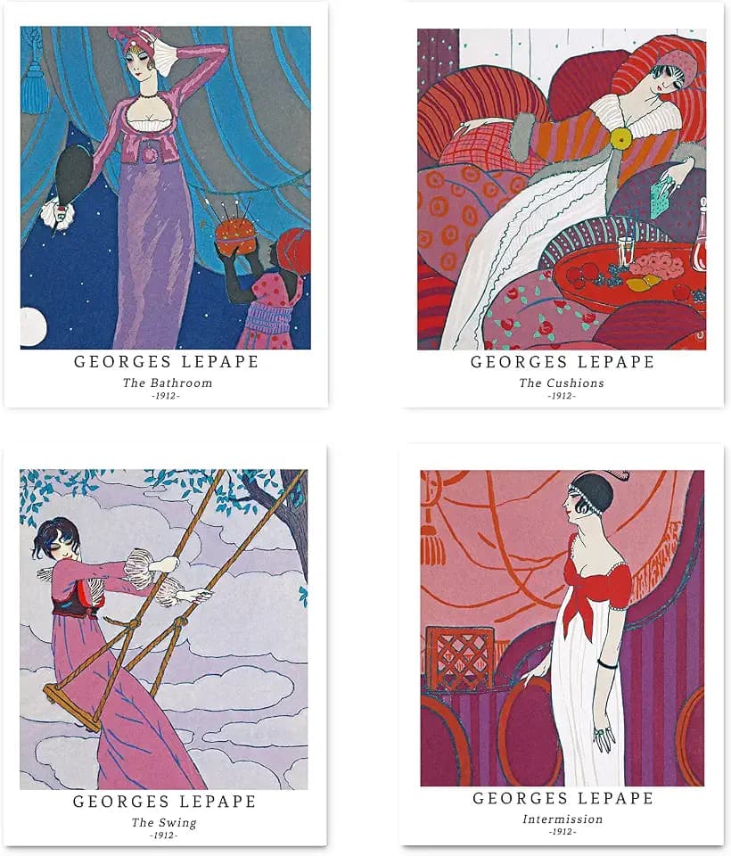 Kunstdruck Ungerahmt Illustration Bilder Set von 4, Poster Größe: 28x35 cm Premium Kunstpapier Wanddeko Frauen Portrai Realismus Einzigartiges GeschenkPassenden Home Deko Georges Lepape Picture