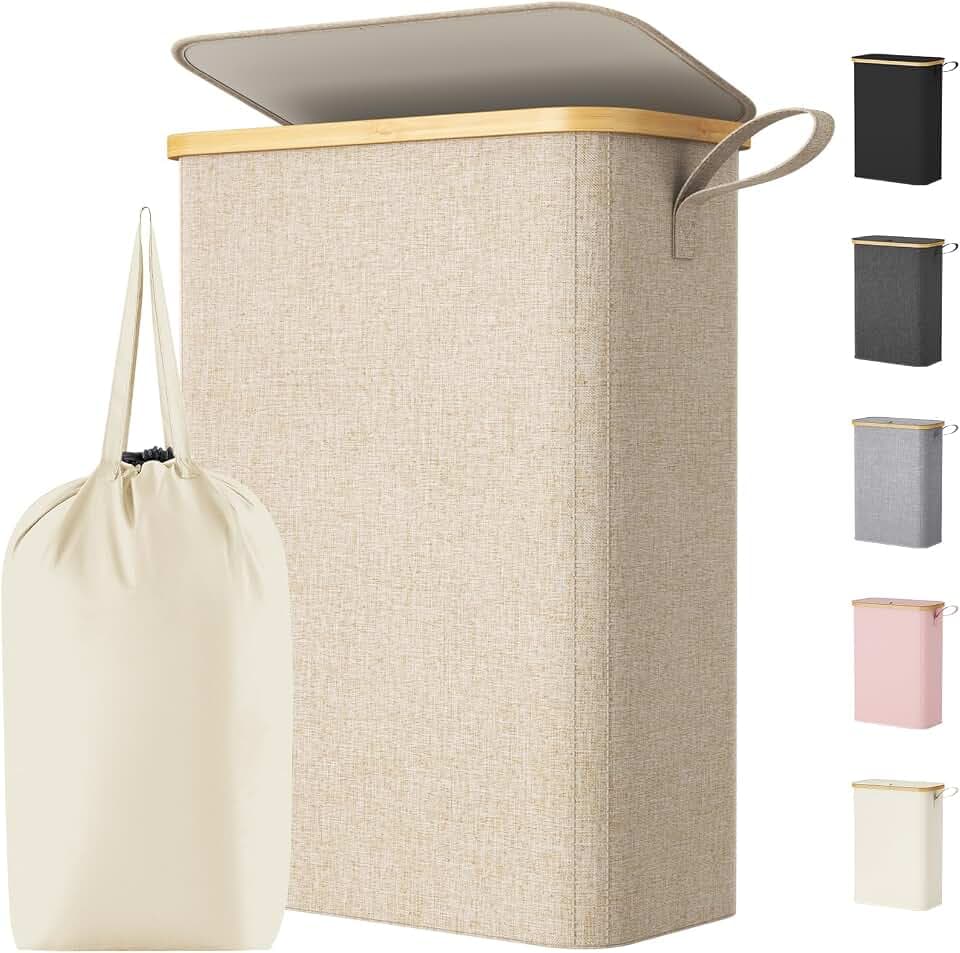 Lifewit 50L Wäschekorb mit Deckel, schmaler Wäschesammler, Beige | Schlanke faltbare Wäschebox mit herausnehmbarem Wäschesack und Tragegriff für Bad, Schlafzimmer, Wohnheim und Wohnwagen