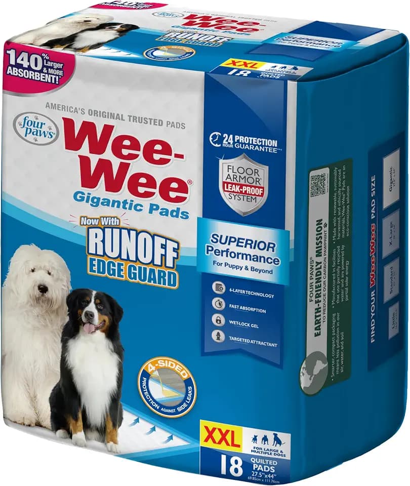 Four Paws Wee-Wee Superior Performance Pee Pads for Dogs with Runoff Barrier Edge Guard Protection, Puppy & Dog Potty Training Pads, Housebreaking Pet Supplies, 27.5" x 44" (18 Count)