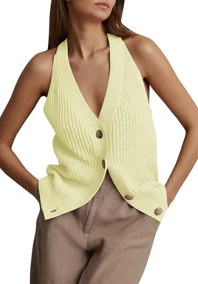 Women's Button Front Sweater Vest V Neck Sleeveless Knit Tank Top