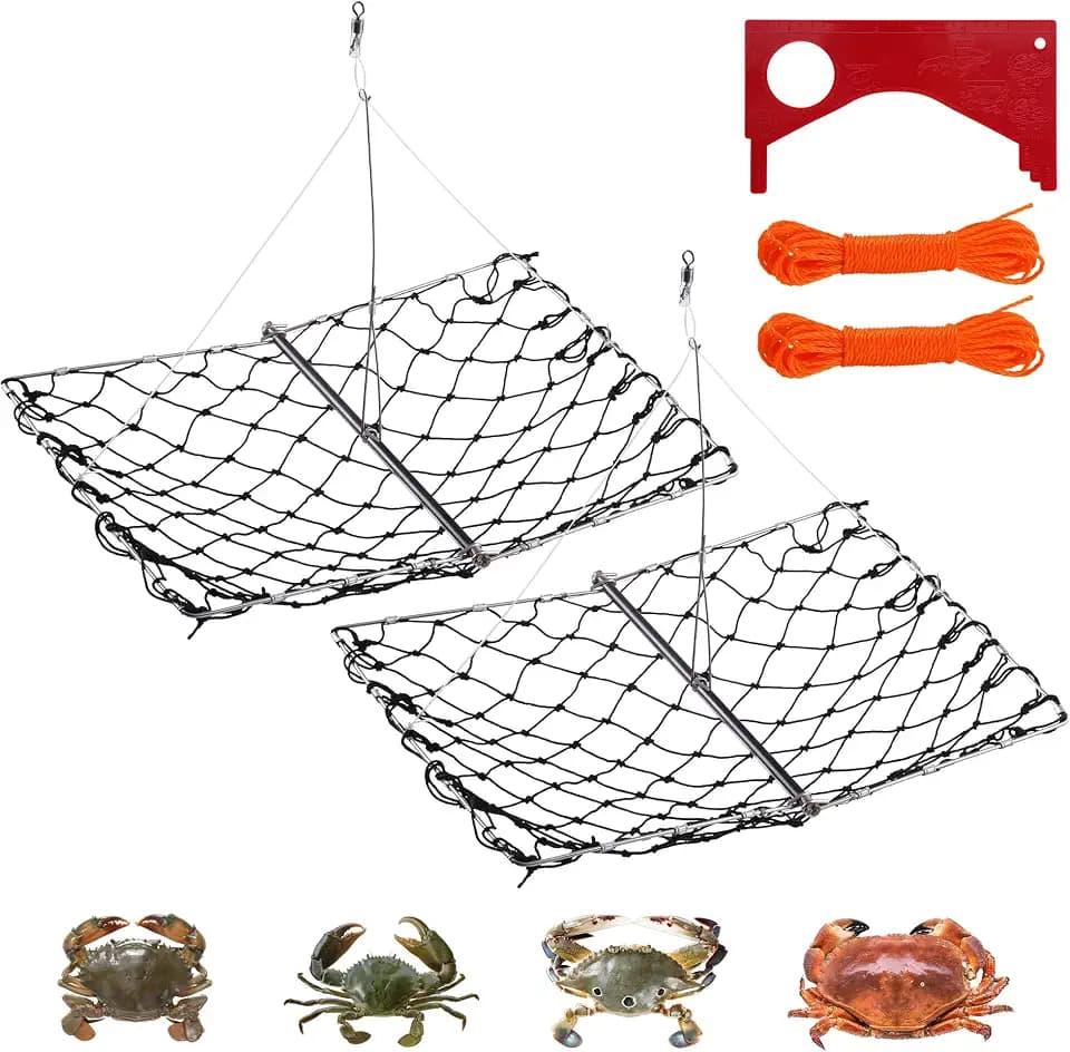 1 Pack/2 Pack Crab Trap, Castable Crabbing Net with Bait Clip Foldable Crab Snare with Red Gauge & Bait Clip for Dungeness, Blue Crabs & Lobster - Crabbing Equipment for Pier, Jetty & Surf Fishing