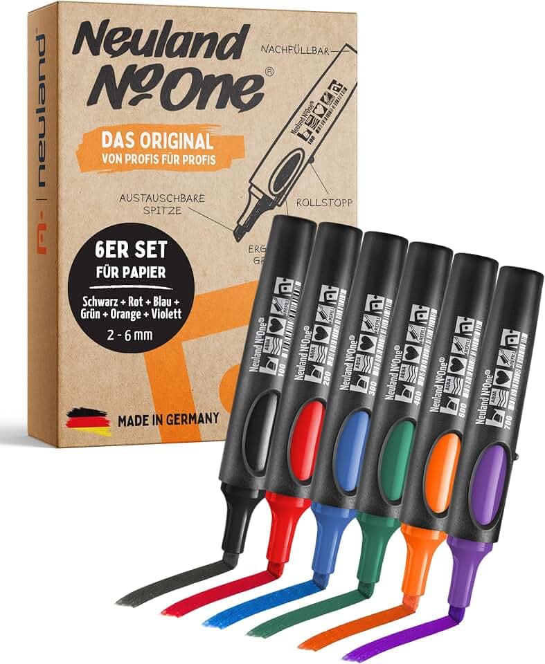 Neuland No.One® Flipchartmarker I Mehrfarbiges 6er Set mit Keilspitze 2-6mm I Nachfüllbarer Marker für Trainer, Moderatoren & Coaches I Ergonomischer & langlebiger Flipchartstift