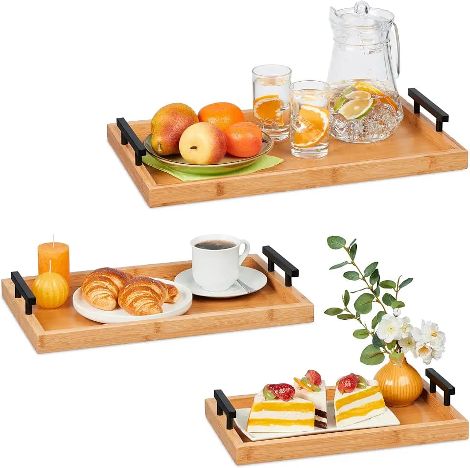 Relaxdays Tablett 3er Set, Bambus, versch. Größen, Serviertablett, Griffe, hoher Rand, Küchentablett rechteckig, Natur