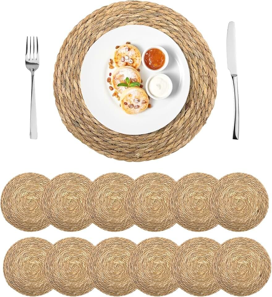 12er Set Runde Platzsets 30 cm, Boho Tischsets Naturgeflecht, Hitzebeständig & rutschfest, Handgewebte Tischmatten im Rustikalen Stil für Esstisch & Dekoration