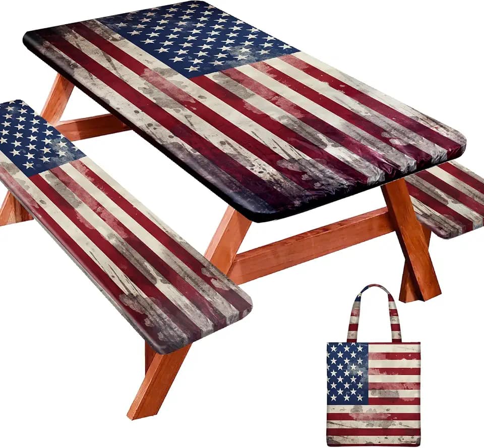 Picnic Table Cover with Bench Covers 6FT 3PCS, Camping Essentials, Fitted Camping Tablecloth Waterproof and oilproof with elastic Edge for Indoor Outdoor Patio, Retro American Flag (72inch)