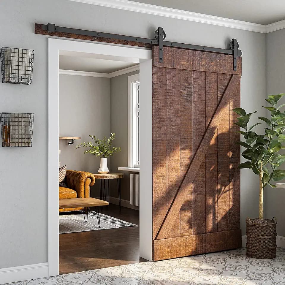 SMARTSTANDARD 7.5 Feet Heavy Duty Sliding Barn Door Hardware Kit, 4FT - 18FT, Black, Smoothly and Quietly, Simple and Easy to Install, Fit 42" -45" Wide Panel (Industrial Bigwheel Hangers)