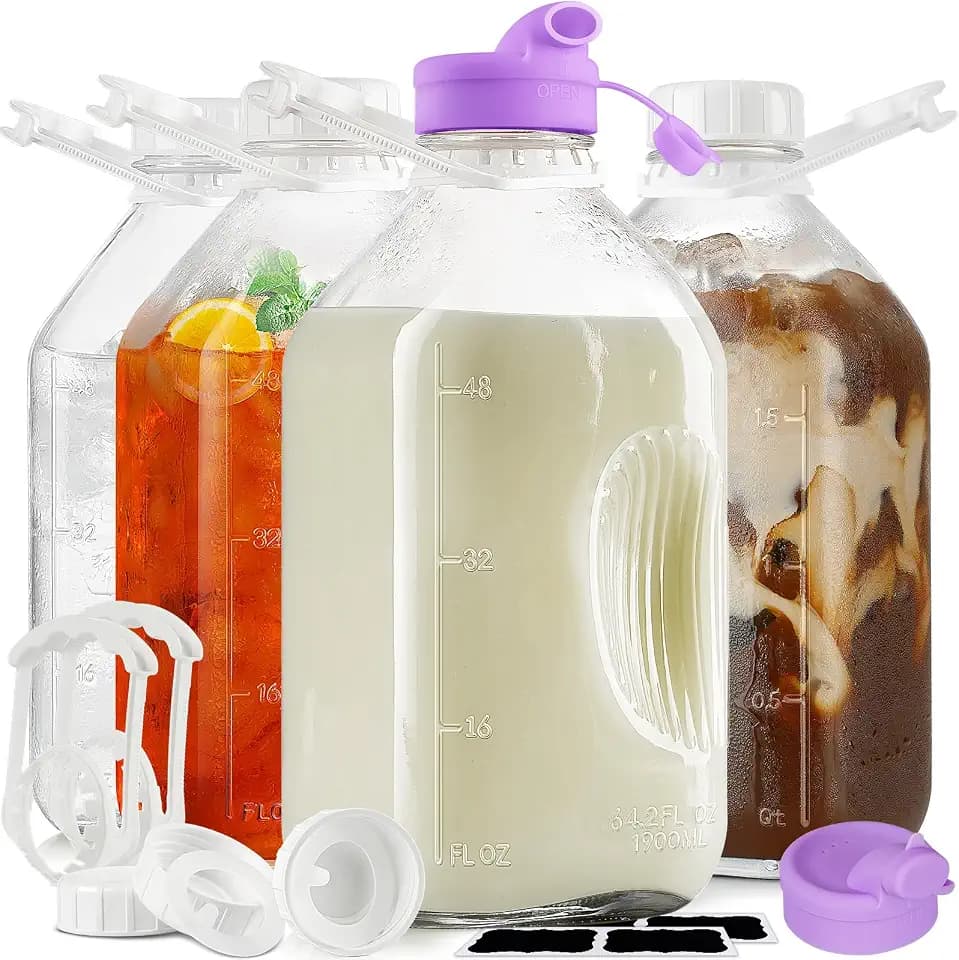 Ritayedet 64 Oz Glass Milk Bottle With Lids, 4 Pack 2 Qt Storage Bottles