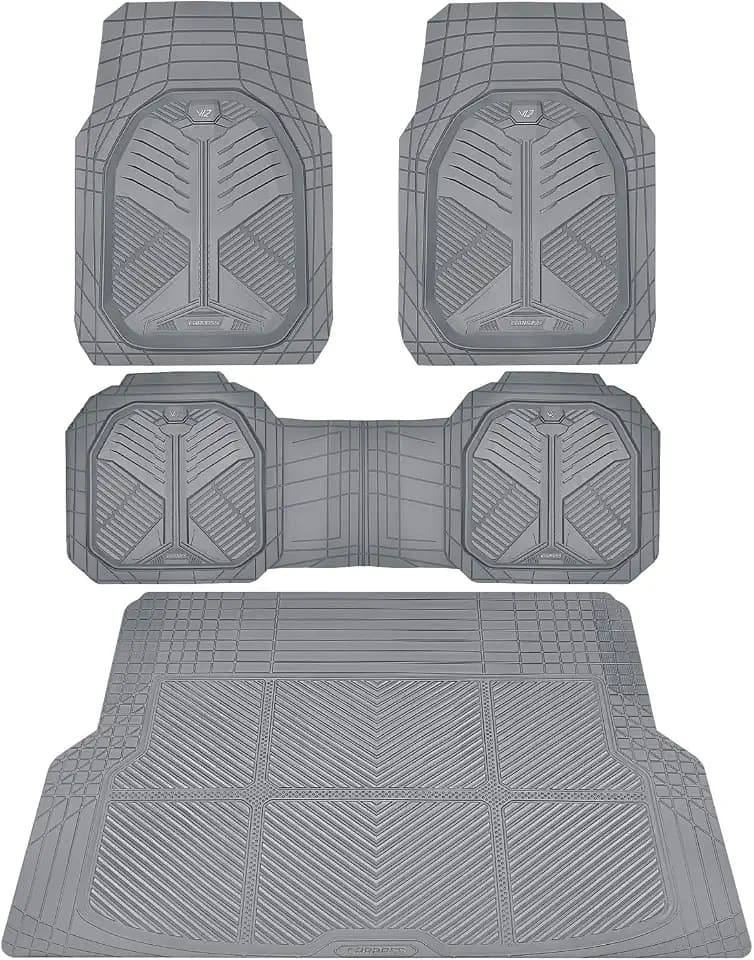 CAR PASS Heavy Duty Rubber Car Mats with Cargo Liner, Deep-Dish Car Floor Mats and Trunk Mat All Weather, Universal Trim-to-Fit for SUVs Trucks Sedans, Waterproof Anti-Slip, Trimmable V12 Gray