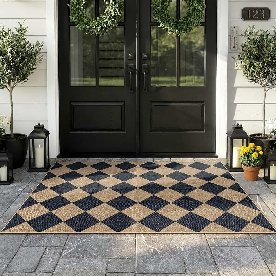 Lahome Checkered Easy Jute 3x5 Entryway Front Porch Rug, Black Diamond Indoor Outdoor Patio Layering Rug, Washable Farmhouse Neutral Non Slip Non Shedding Door Carpet for Backyard Blacony