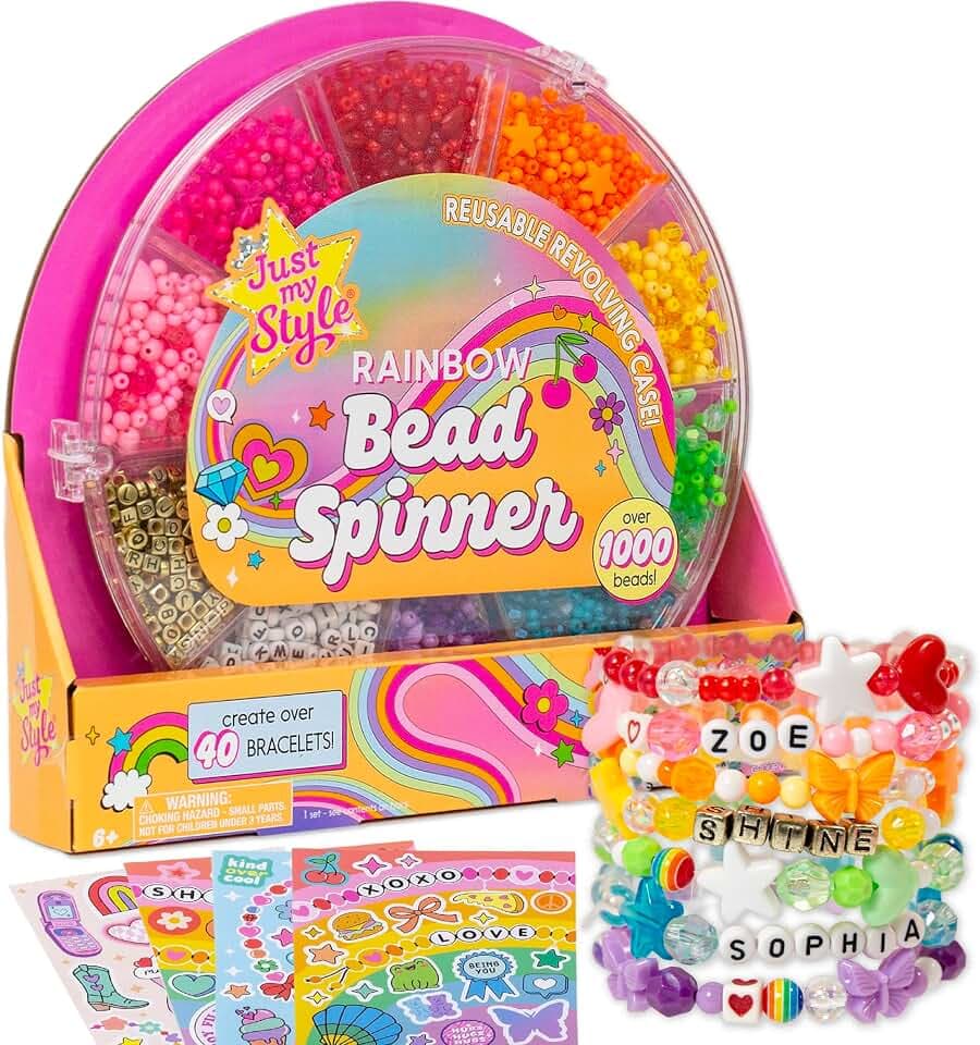 Just My Style Rainbow Bead Spinner, DIY Bracelet Making Kit with Swiveling Bead Case, Includes Over 1,000 Beads for Bracelet Making, Elastic, and More