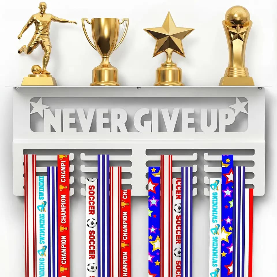 AGATHOS HOME White Medal Hanger Display & Trophy Shelf, Holds 64+ Medals