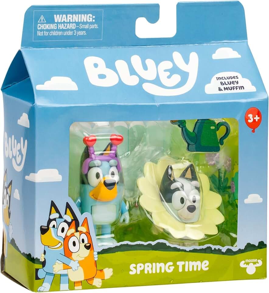 Bluey and Muffin 2-Pack Toy Figure Playset, Spring Time Toddler Figurine Toys Set with Dressup Accessories, Poseable Bluey Figurines for Kids Ages 3-5