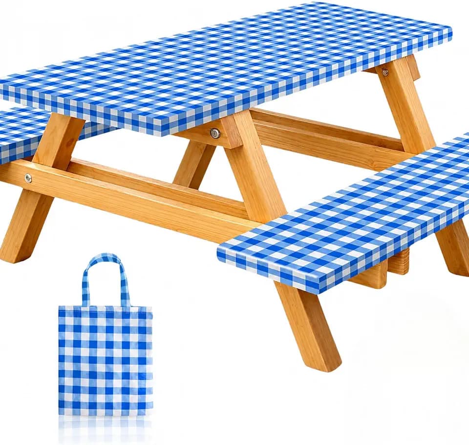 Vinyl Fitted Picnic Table Cover with Bench Covers & Blue 6ft Blue Checkered