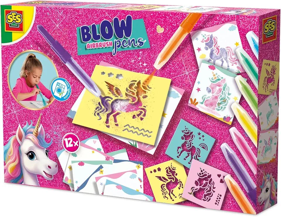 SES Creative Blow Airbrush Pens | Unicorn | Bastelset | Puste stifte | Leicht auswaschbar aus Kleidung | Made in Holland | für Mädchen Ab 5 Jahren | 7 Farben | Kompletes Set | 14725