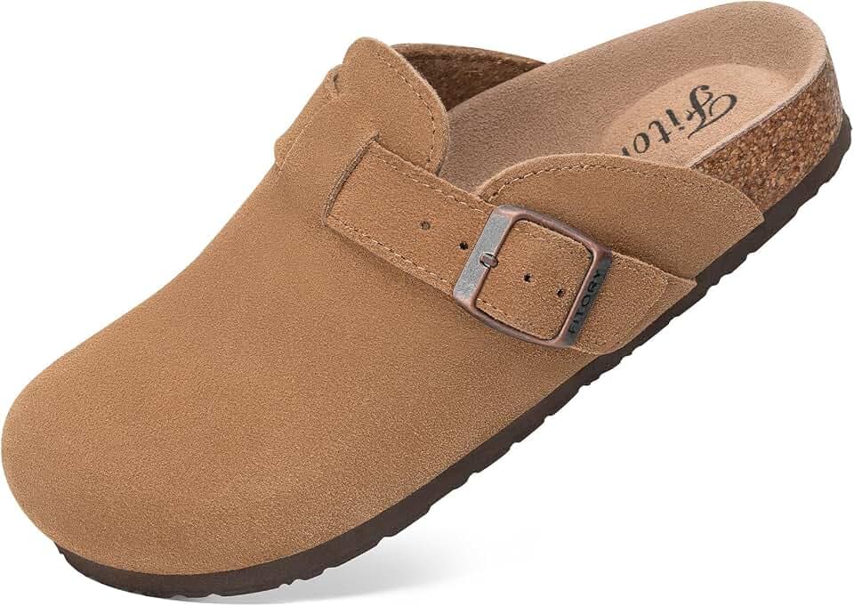 FITORY Damen Clogs Slip-On Kartoffelschuhe Leder Pantoletten Spitze Wildleder Kork Fußbett Größen 37-43