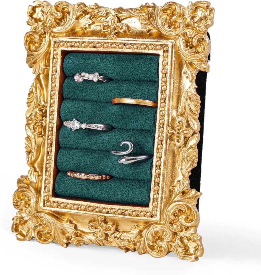 Mikovivi Vintage Ring Display Stand, Baroque Ring Holder Earring Display Tray Jewelry Organizer Birthday Engagement Wedding Decoration for Women (Dark Green)