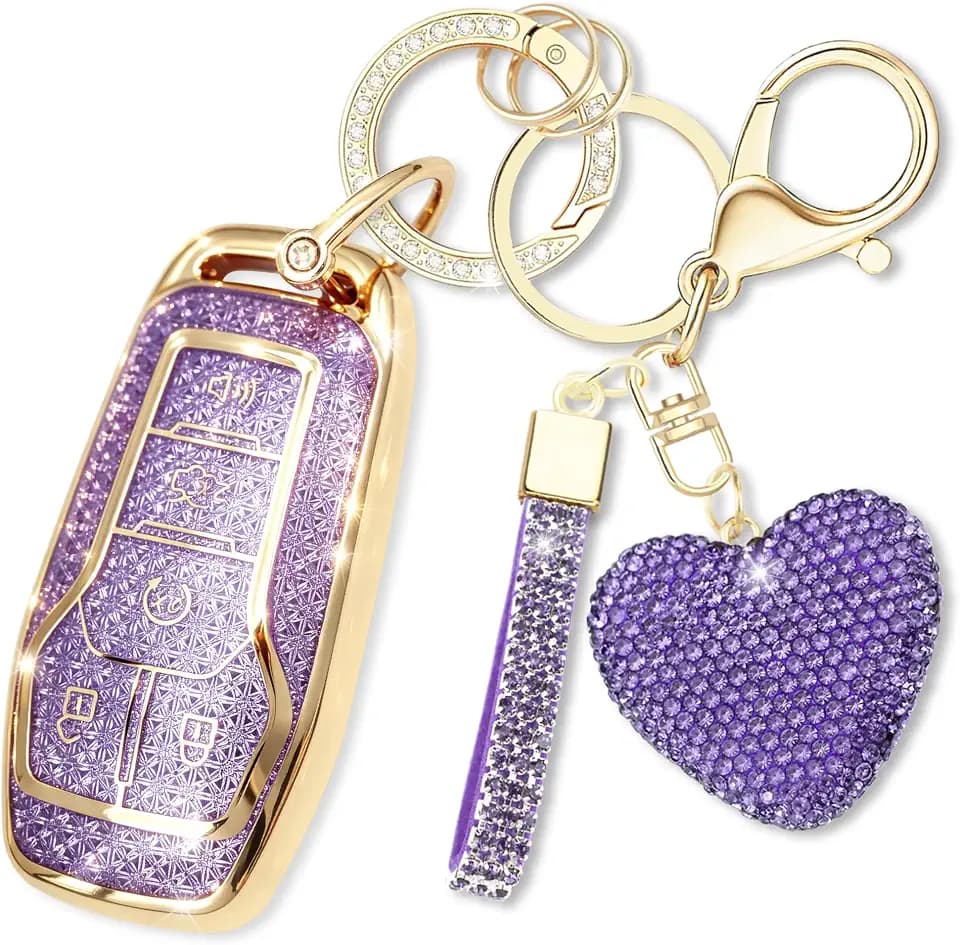 Key Fob Cover with Heart Keychain, Girly Car Key Shell Case for Women, Compatible with Ford Fusion Mustang F150 Edge Explorer Lincoln MKZ MKC MKX Smart Remote Key Protector (5 Buttons-Purple)