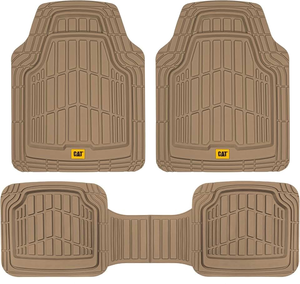 Cat® ToughRide™ Heavy-Duty 3 Piece Rubber All Season Floor Mats for Car Truck Van SUV, Beige - Premium Trim to Fit Cars Floor Mat, All Weather Deep Dish Automotive Floor Mats, Total Dirt Protection