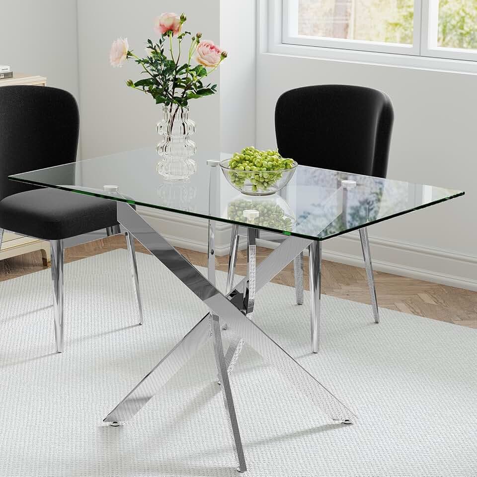 Zevemomo 47.2" Glass Dining Table for 4, Rectangular Glass Dinner Table