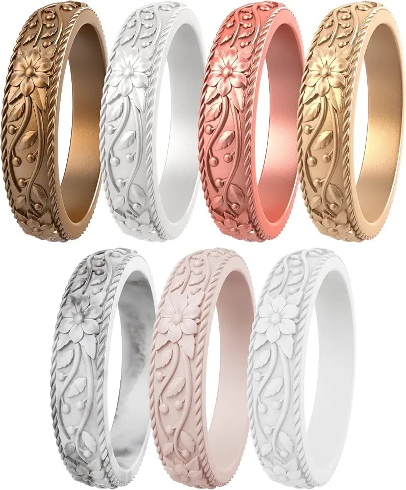 ThunderFit Silicone Rings for Women, Rubber Engagement Wedding Bands Vine Design 5.5mm Wide 2mm Thick - Variety Multipack 4-12