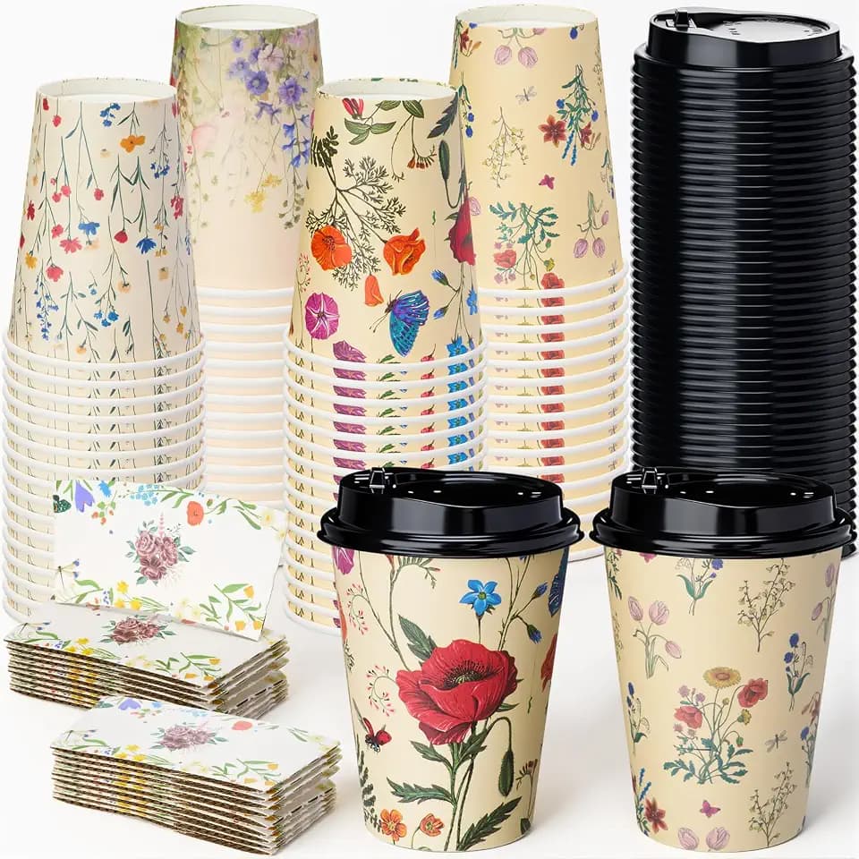 LemonRoad 48 Sets 12 oz Vintage Floral Disposable Coffee Cups with Lid, Sleeves, 4 Color Spring Cute Flower Designs Cups Party Supplies for Tea Hot Drink Cold Beverage Cocoa(Vintage Flower)