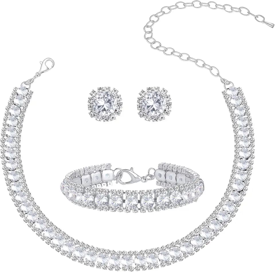Women Rhinestone Crystal Cubic Zirconia Jewelry Set Crystal Tennis Design Rhinestone Cubic Zirconia Choker Necklace Link Bracelet Stud Earrings Set Wedding Bridal Bridesmaids Party