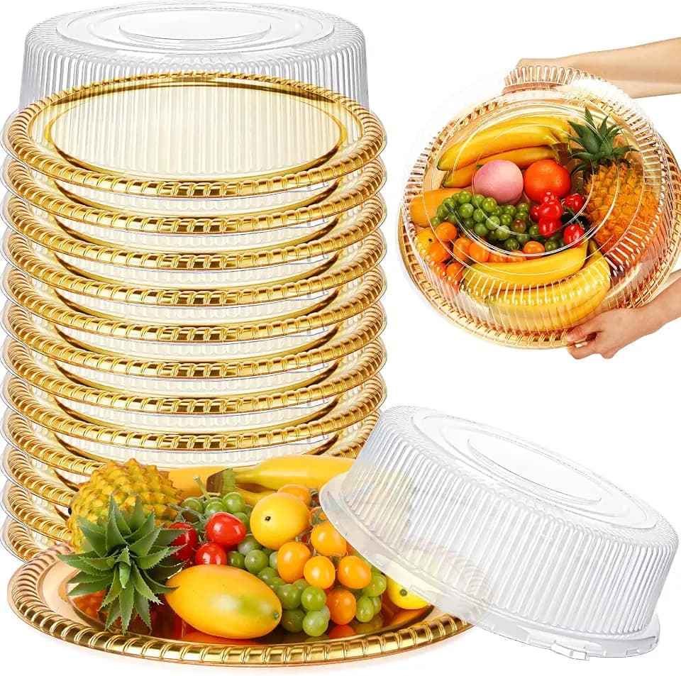 Nitial 12 Pcs Plastic Serving Trays with Lids, Round, Gold, 12 Inches
