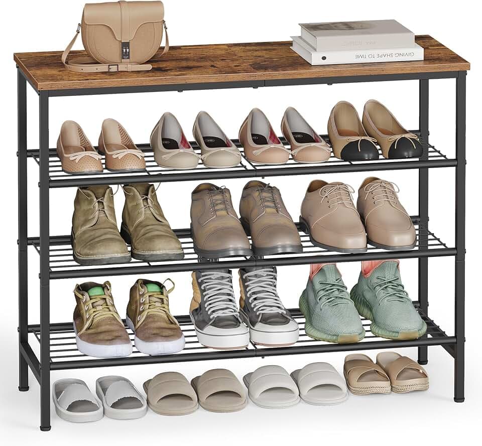 VASAGLE Shoe Rack, 4 Tiers, 12-16 Pairs, Metal Organizer Shelf