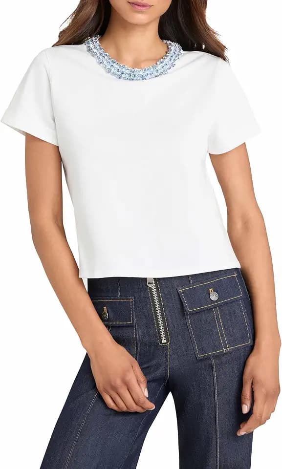 Cinq à Sept Women's Rhinestone Border Shrunken Tee