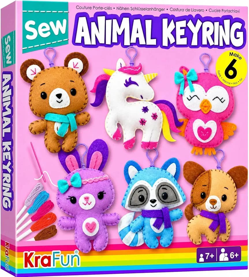 KRAFUN Einhorn-Näh-Schlüsselanhänger-Set für Kinder ab 7 Jahren, 6 Anfänger-Stofftierprojekte (Bär, Hund, Hase, Waschbär, Eule, Einhorn), Filzmaterialien, Anleitung, Lernspielzeug
