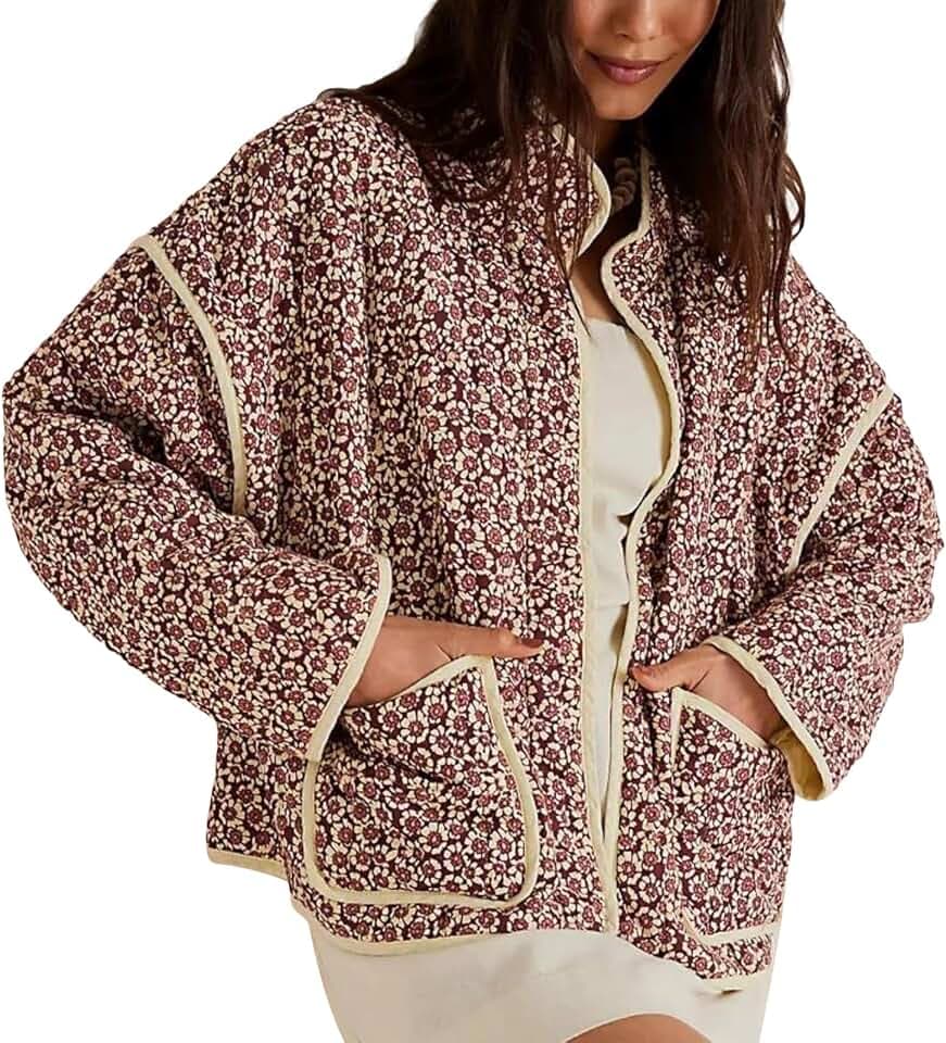 Loalirando Daunenjacke für Damen, Blumendruck, Langarm, Jacke, Kurzmantel, Übergangszeit, warm