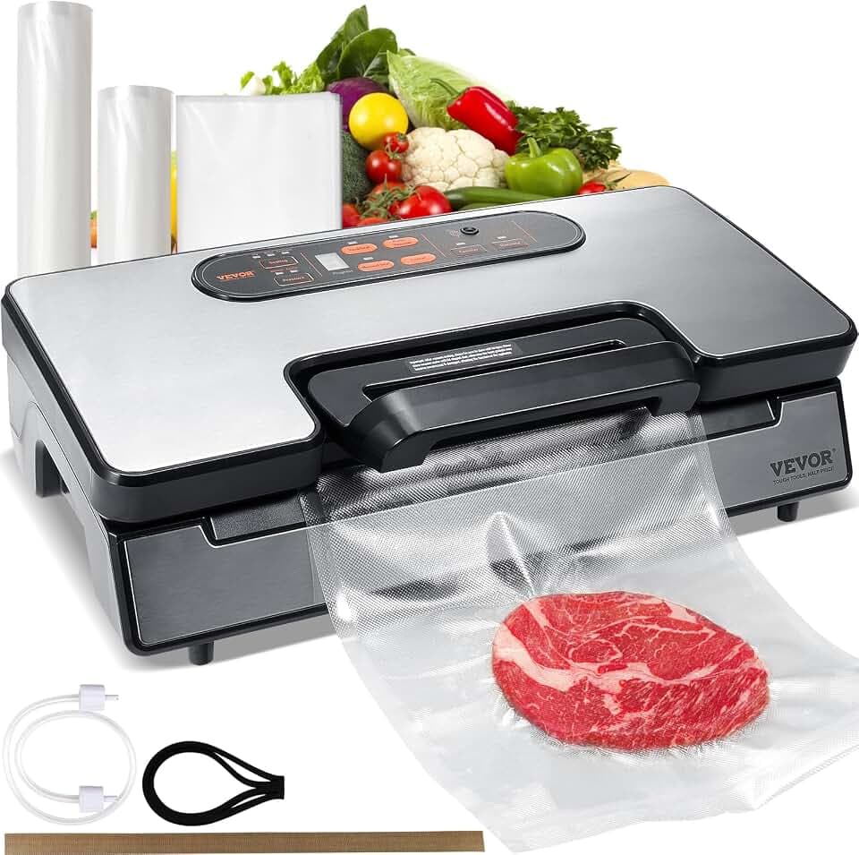 VEVOR Vacuum Sealer Machine, Food Sealer Machine,Dry and Moist Food Storage, Automatic and Manual Air Sealing System with Built-in Cutter, with Seal Bag, External Hose 90Kpa 130W Powerful Dual Pump