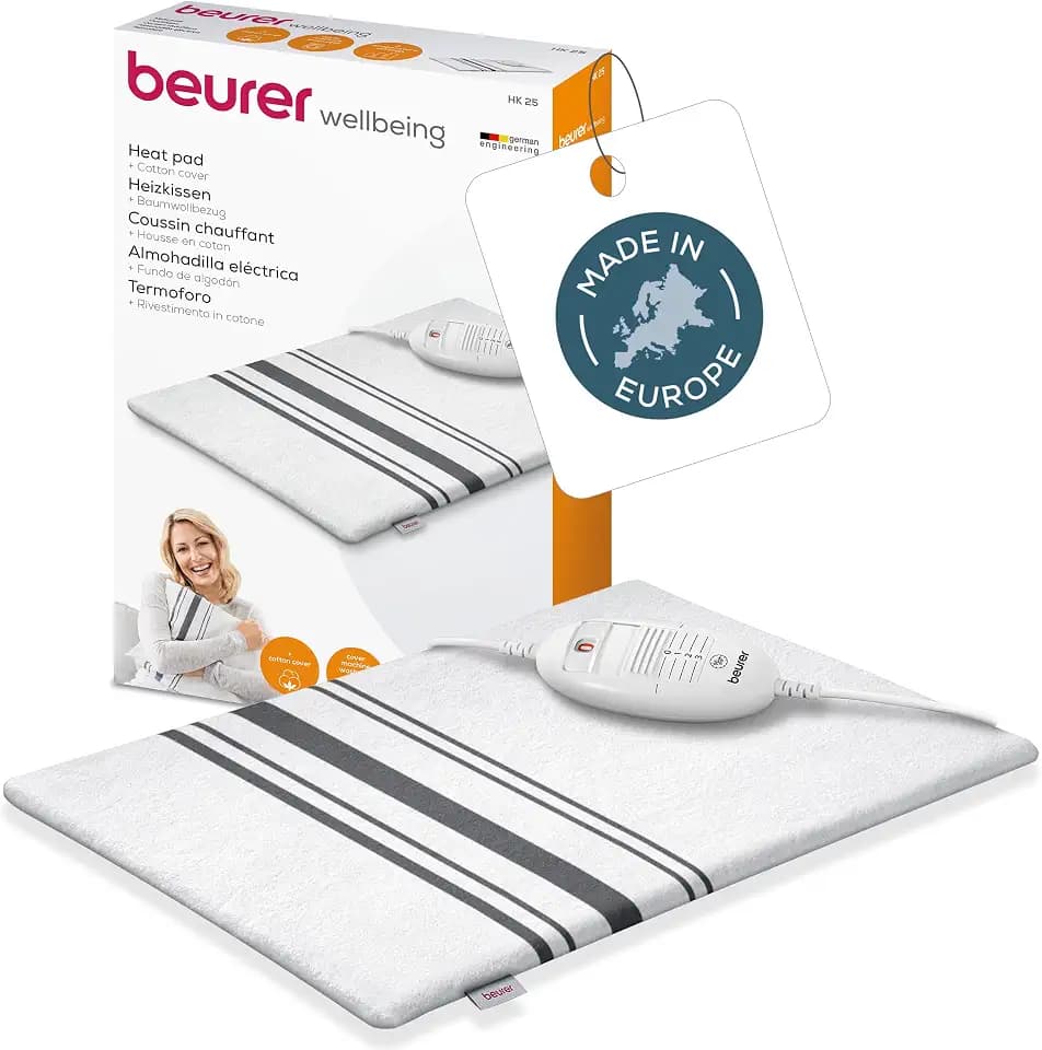 Beurer HK 25 Heizkissen, kuscheliges Wärmekissen mit 3 Temperaturstufen, Abschaltautomatik und Sicherheitssystem, made in Europe, maschinenwaschbar, 40 x 30 cm, weiß-grau