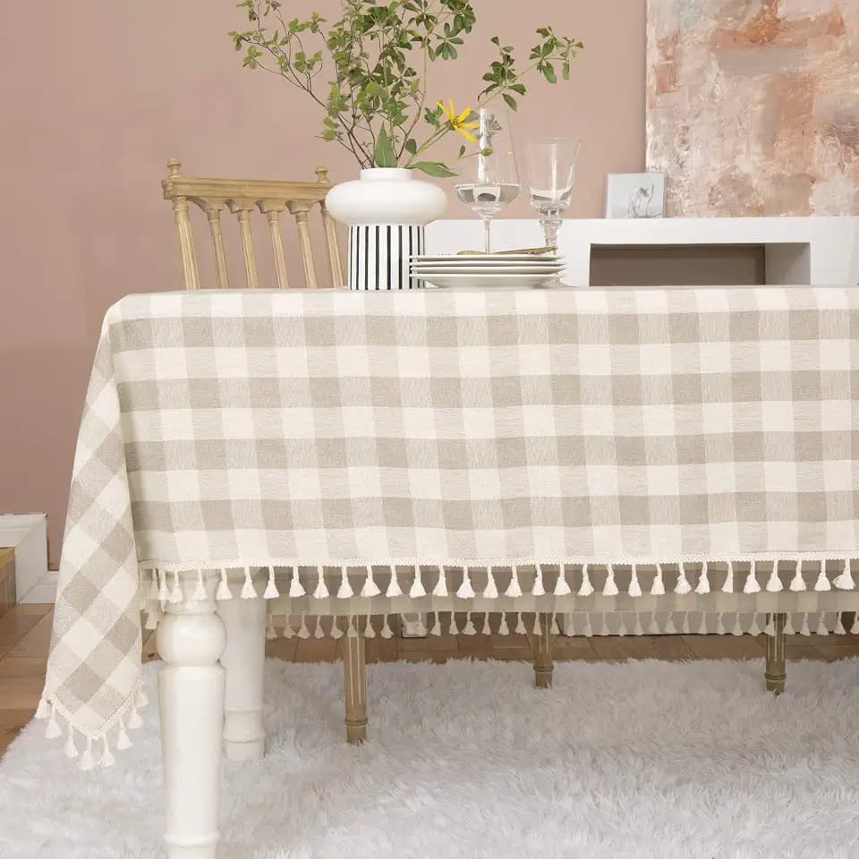 Midsummer Breeze Farmhouse Gray Khaki Gingham Tablecloth Rectangle 55”x84”