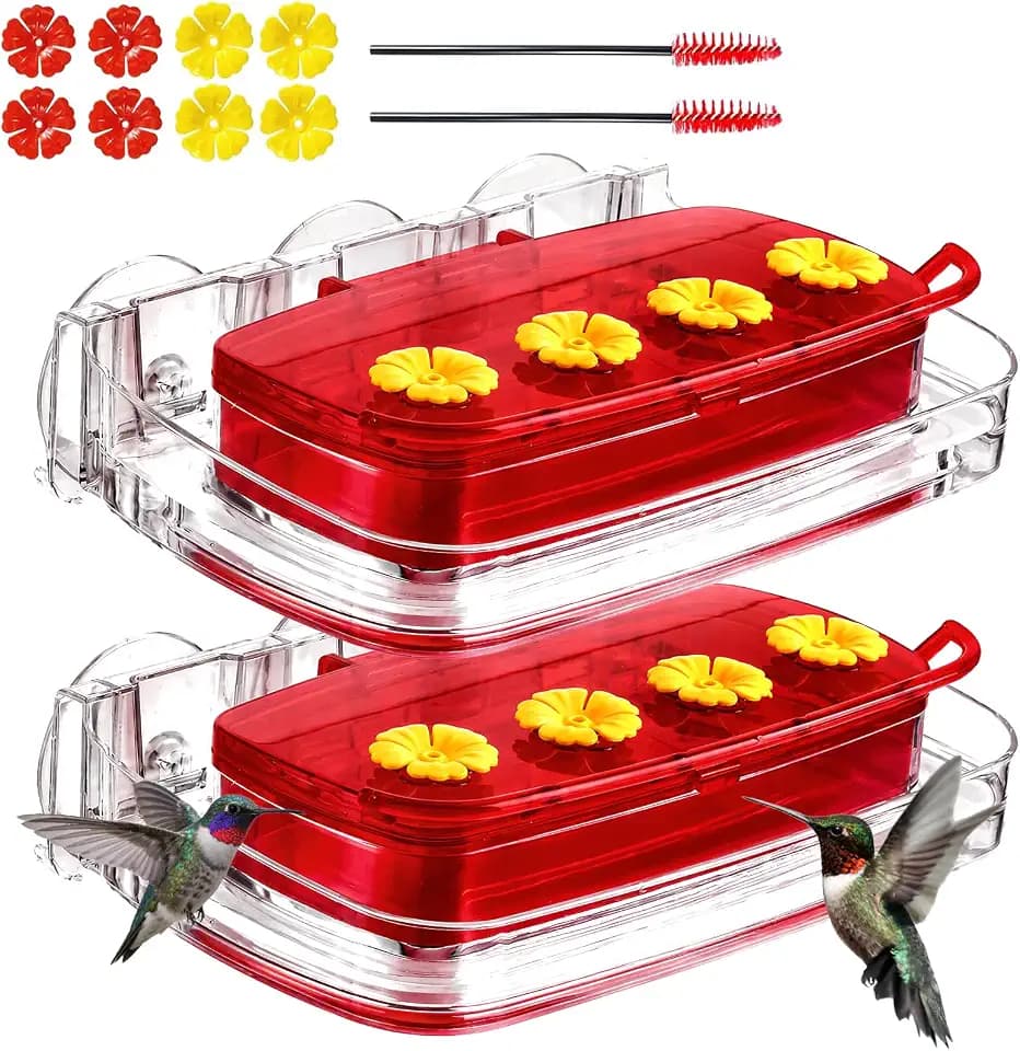 2 Pack Window Hummingbird Feeder,Strong Suction Cup Hummingbird Feeder with 4 Feeding Ports,Built-in Moat,Easy to Clean and Refill Plastic Humming Bird Feeder,Gift for Bird Lovers(10oz, 2 Red)
