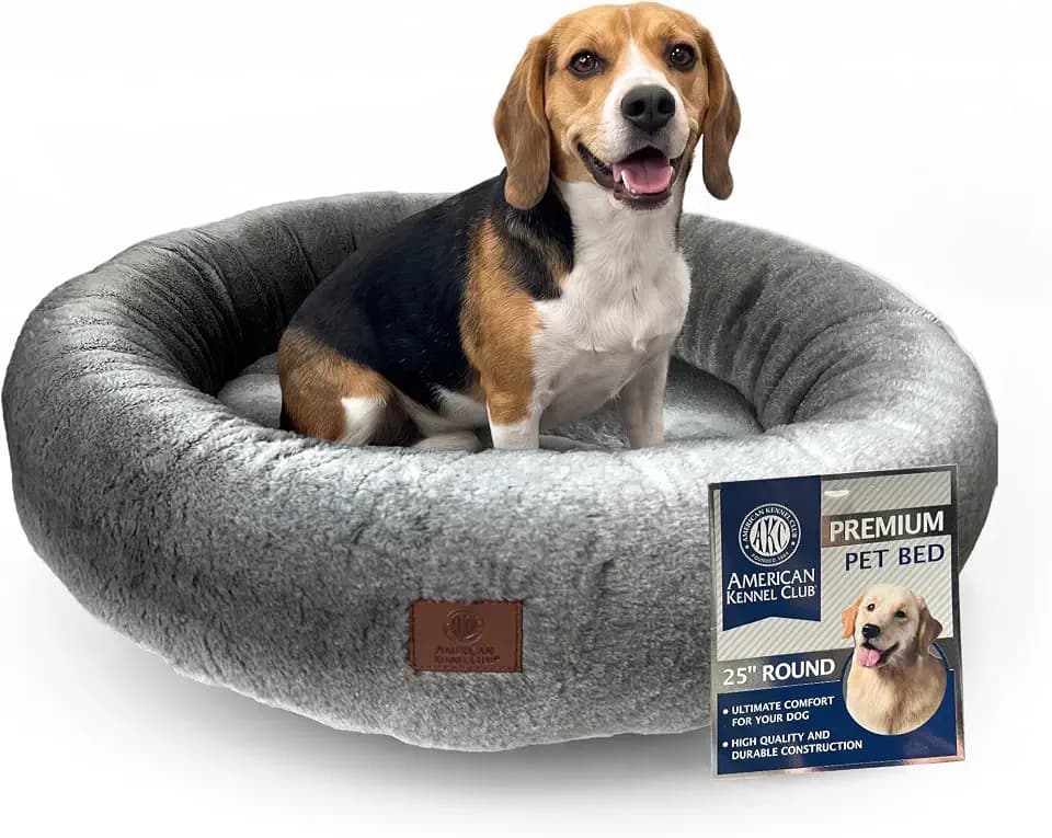 AKC Premium Round Dog Bed, Ultra-Soft Plush Pet Bed, 25" x 8", Gray
