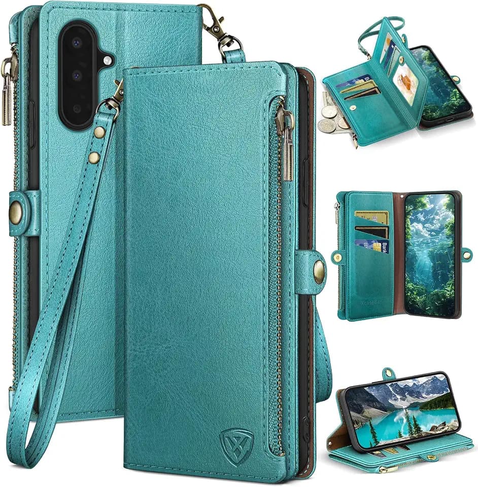 XcaseBar Compatible with ‌Samsung Galaxy A17/A26 5G Wallet case with Zipper Credit Card Holder【RFID Blocking】,Flip Folio Book PU Phone case Shockproof Cover Women Men for A17/A26 case Blue Green