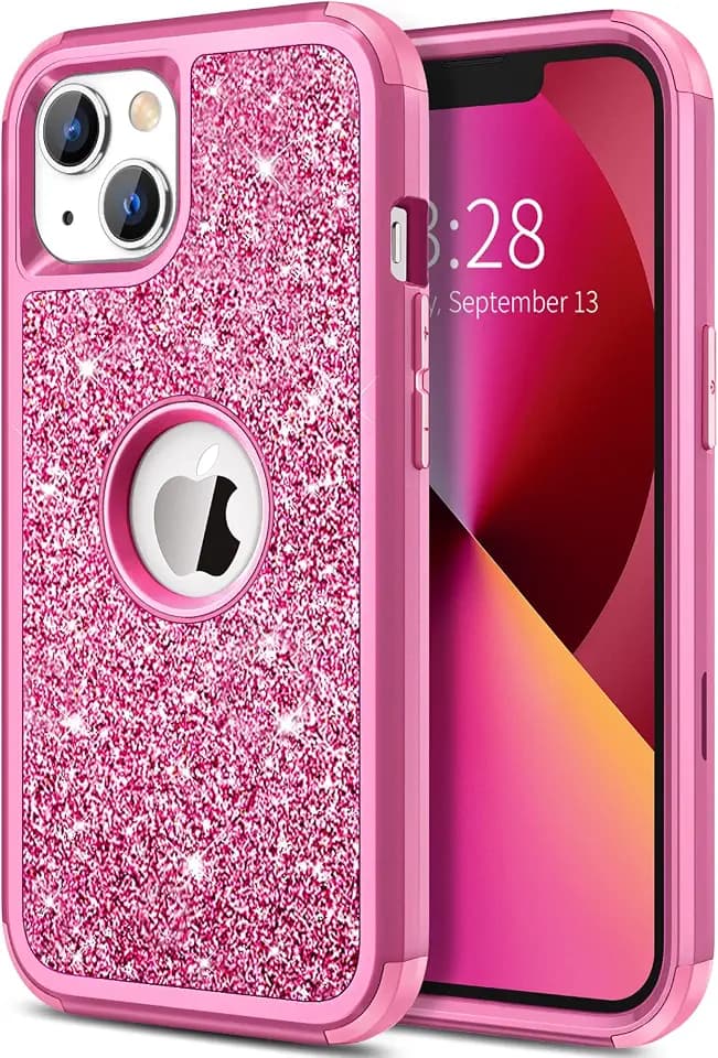 Hython Case for iPhone 13 Case Glitter, Cute Sparkly Shiny Bling Sparkle Cover, Heavy Duty 3 in 1 Hybrid Hard PC Soft TPU Bumper Full Body Shockproof Protective Phone Cases for Women Girls, Rose Red