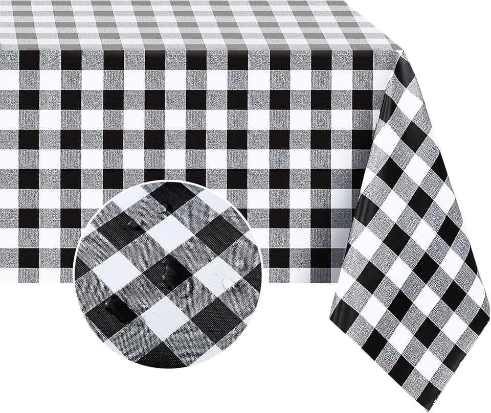 Romanstile Rectangle Vinyl Tablecloth, 100% Waterproof Buffalo Gingham Plastic Table Cloth, Heavy Duty Wipeable Checkered Table Covers for Outdoor, Camping, Picnic, Patio - 52 x 70, Black and White