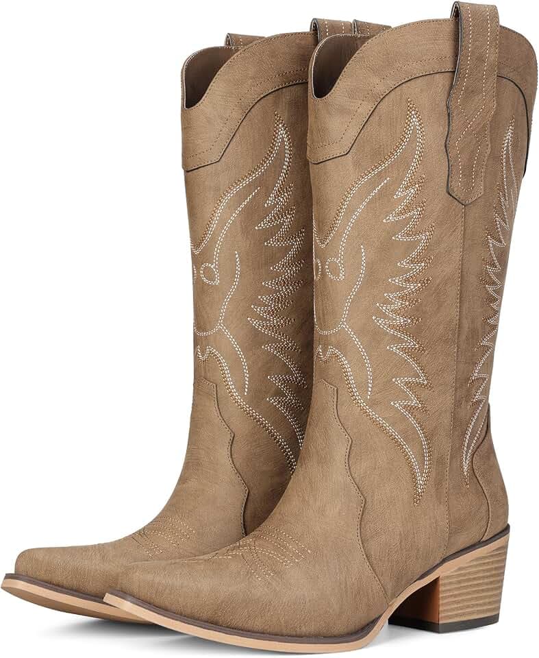 Pasuot Western Cowboy Boots for Women - Cowgirl Boots with Pointed Toe, Mid Calf Chunky Heel Snip Toe Boot with Classic Retro Embroidery, Country Style for Ladies Rodeo Concert