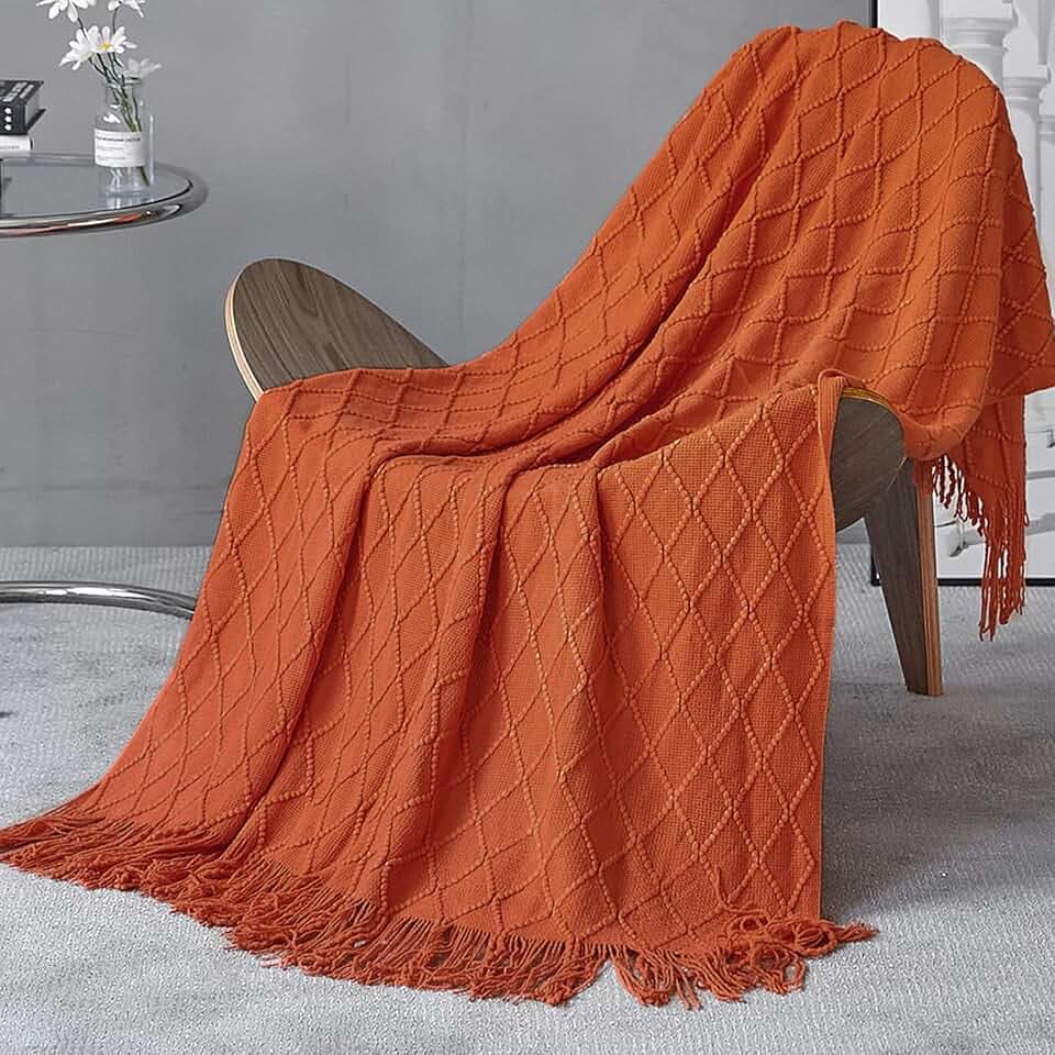 LumiSyne Gestrickte Decke Mit Quaste Einfarbig Geometrische Muster Kuscheldecke Strickdecke Tagesdecke Überwurf Couchdecke Dekorative Decke Für Sofa Bett 170x130cm
