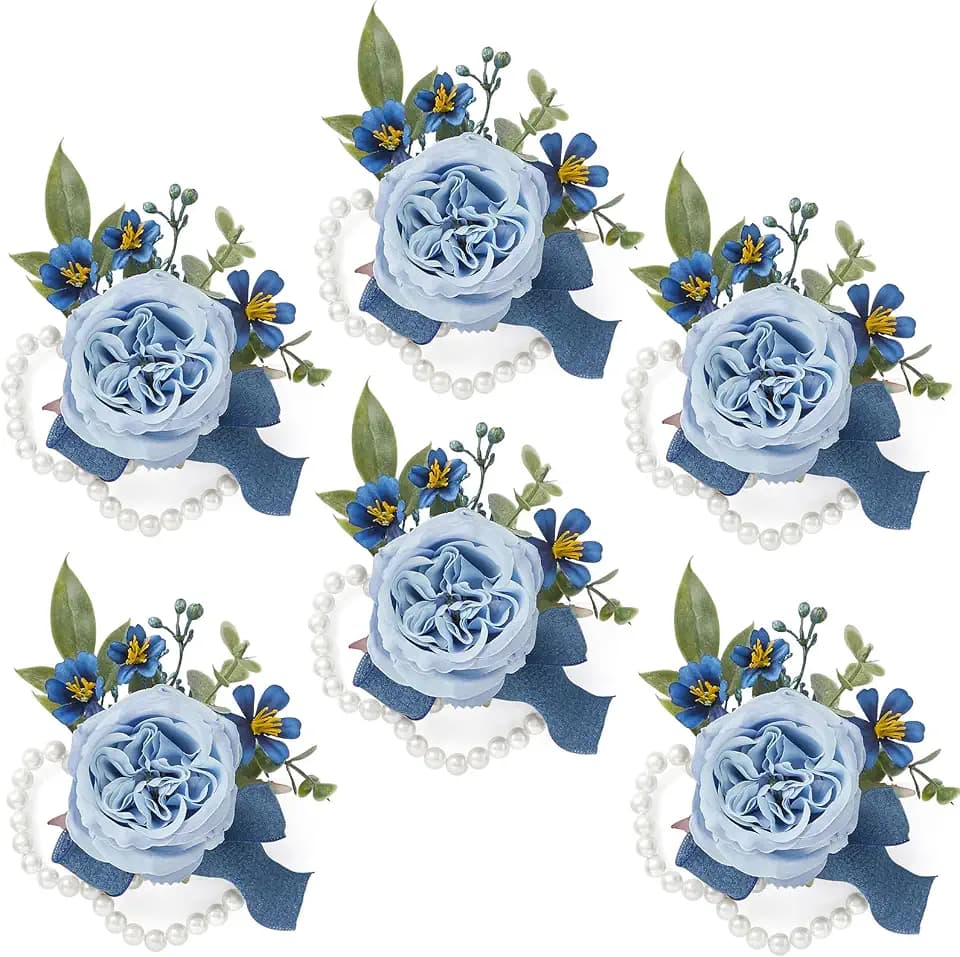 Alecono Wrist Corsage for Wedding, Set of 6, Silk Wedding Wrist Flowers for Bride Bridesmaid Hand, Blue Wrist Corsages for Dinner Party and Prom