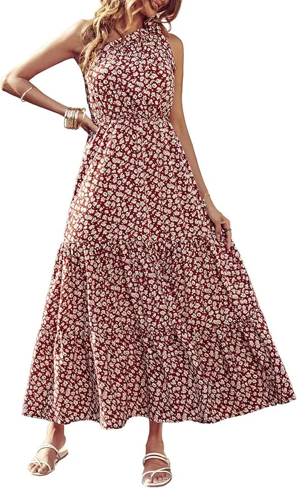 PRETTYGARDEN Women's One Shoulder Boho Floral Maxi Dress