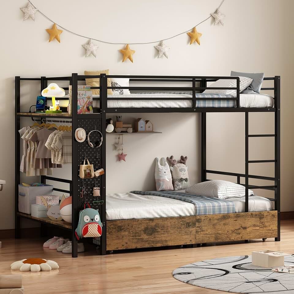 Twin Over Twin Metal Bunk Bed with Storage Station & Rolling Drawers