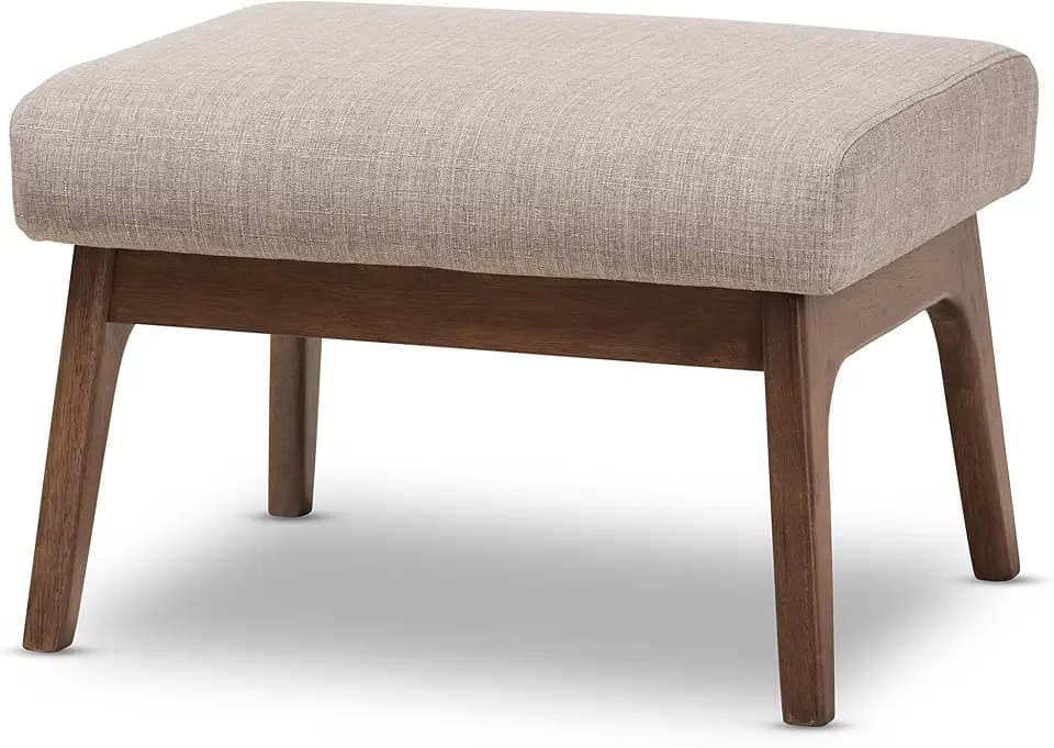 Baxton Studio Birk Mid-Century Modern Walnut Wood Light Grey Fabric Ottoman